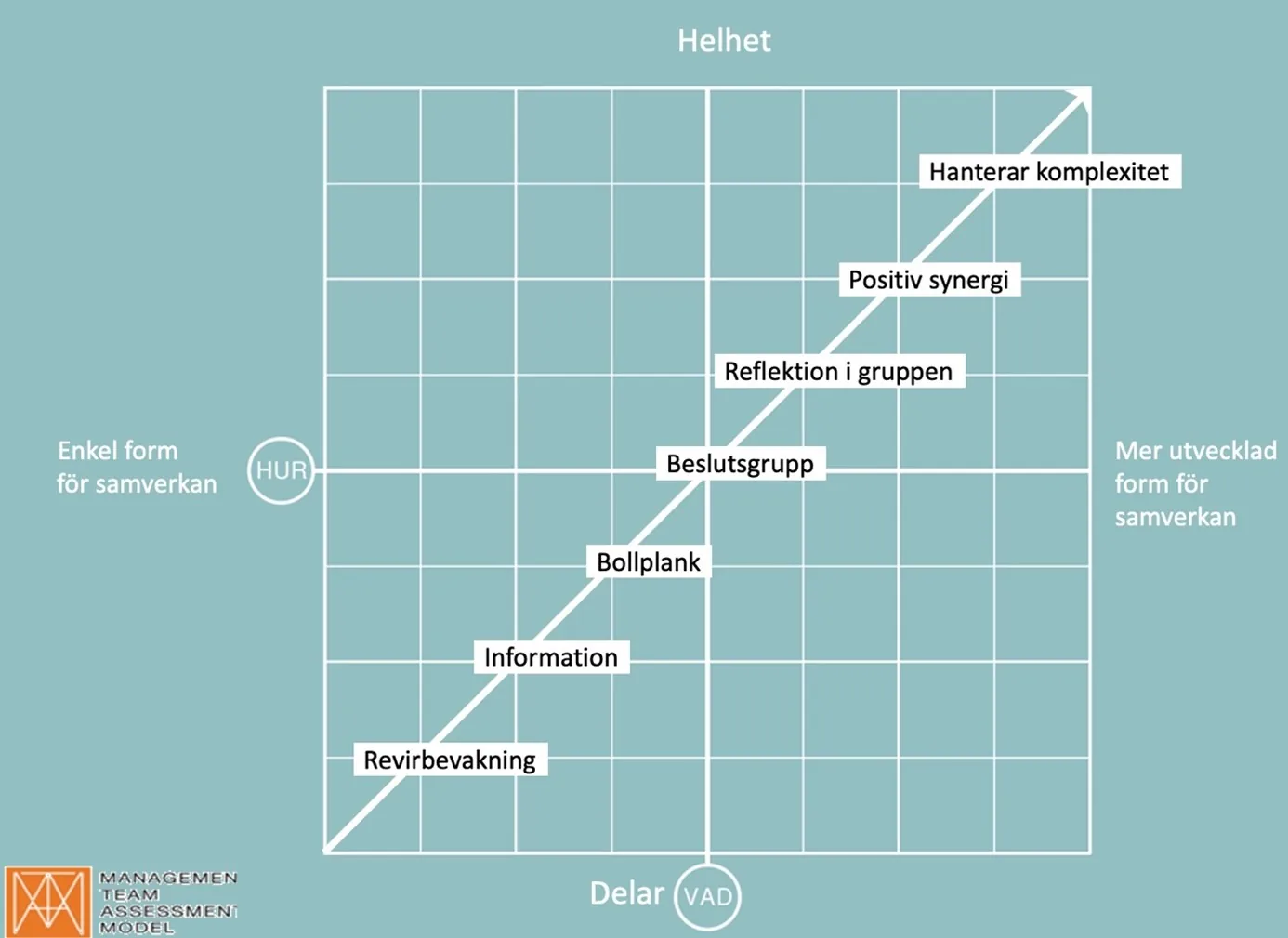 Diagram med rutnät och diagonal pil från nederkant vänster mot övre höger.
                                Etapper: Revirbevakning, Information, Bollplank, Beslutsgrupp, Reflektion i gruppen, Positiv synergi, Hanterar komplexitet.
                                X-axel: “Delar (Vad)”. Y-axel: “Hur”, med “Helhet” högst upp.